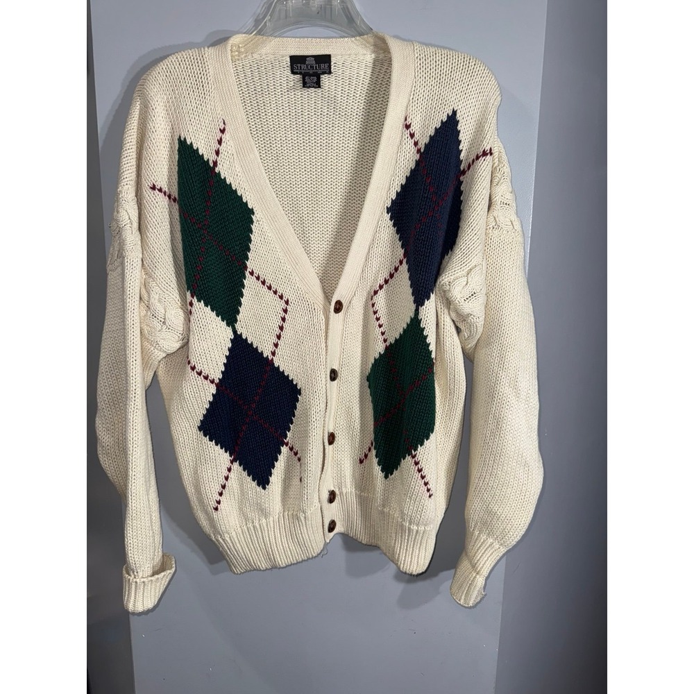 Structure vintage argyle grandpa cardigan cream‎ green wooden button men's large